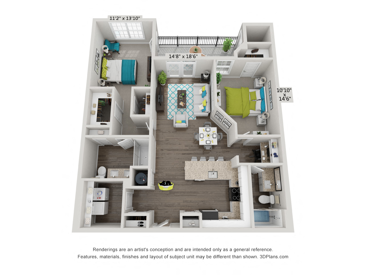 Floor plan for 2 beds, 2 baths, 1193 sqft